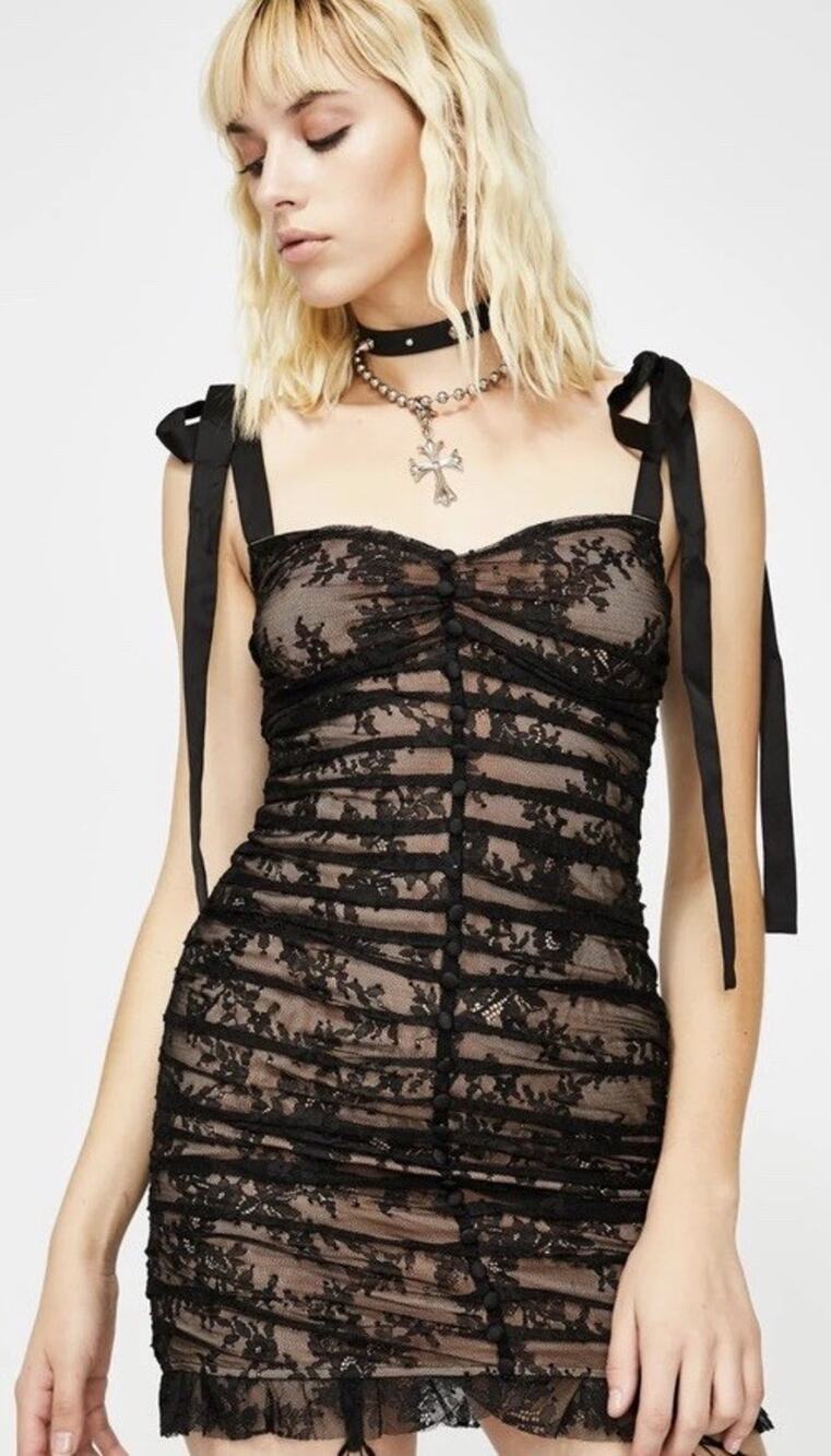 For Love And Lemons Dolly Ruched Nude Lace Mini Dress Black Witchy Goth Size XS